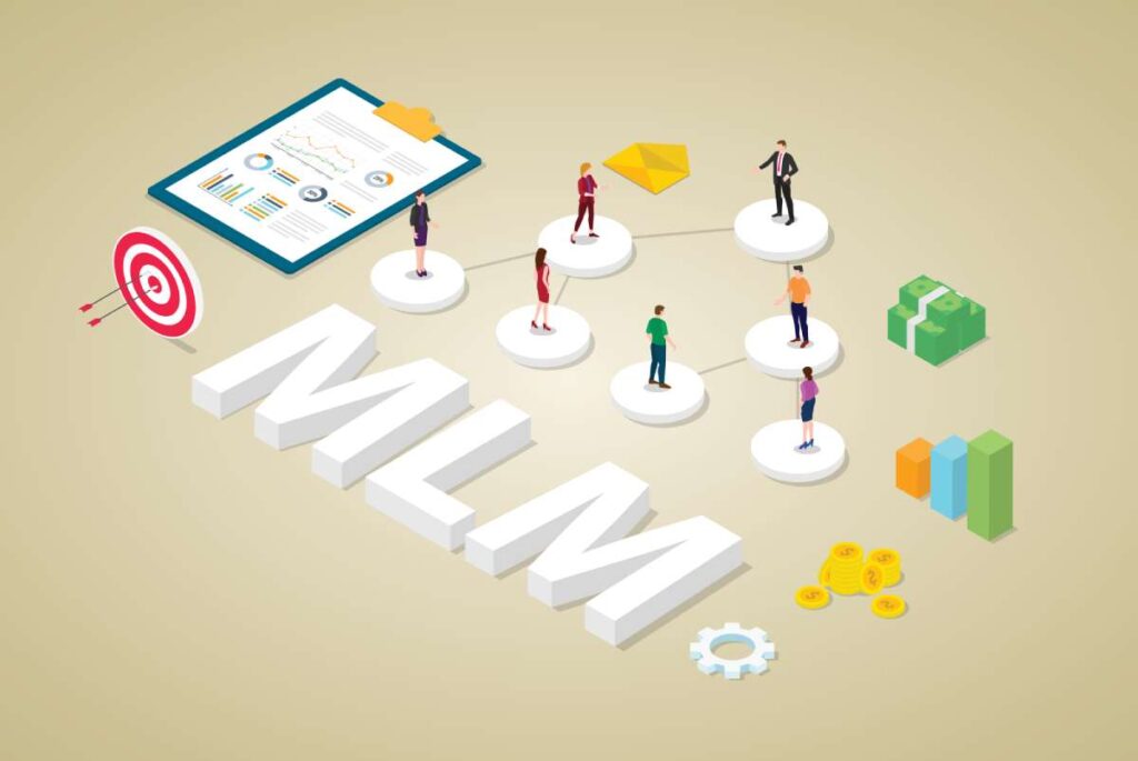 Illustration of “MLM”, businesspeople, calendar, money, and a target.